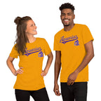 A man and a woman modeling matching gold short-sleeve t-shirts with a purple 'Aquarius' script and zodiac graphic on the chest, set against a plain white background.