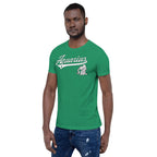 A man wearing a green short-sleeve t-shirt with a white 'Aquarius' graphic and zodiac symbol on the chest, paired with blue jeans, against a plain white background.