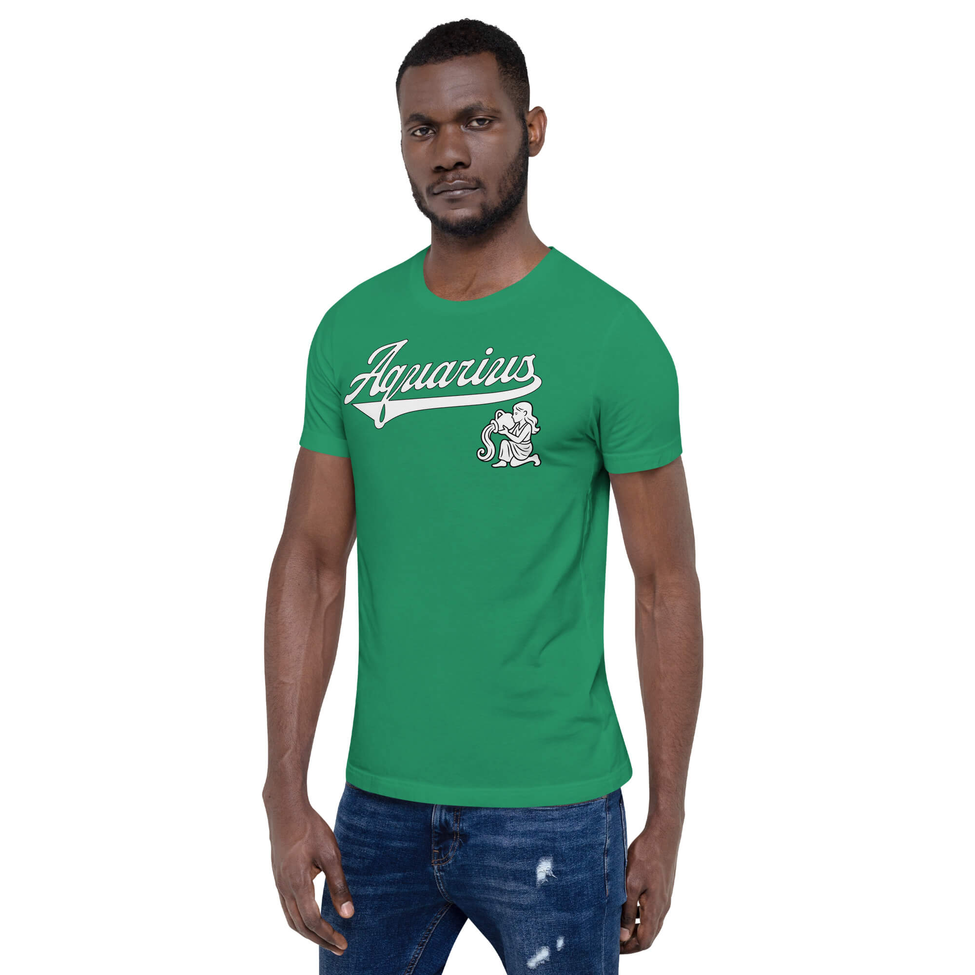 A man wearing a green short-sleeve t-shirt with a white 'Aquarius' graphic and zodiac symbol on the chest, paired with blue jeans, against a plain white background.