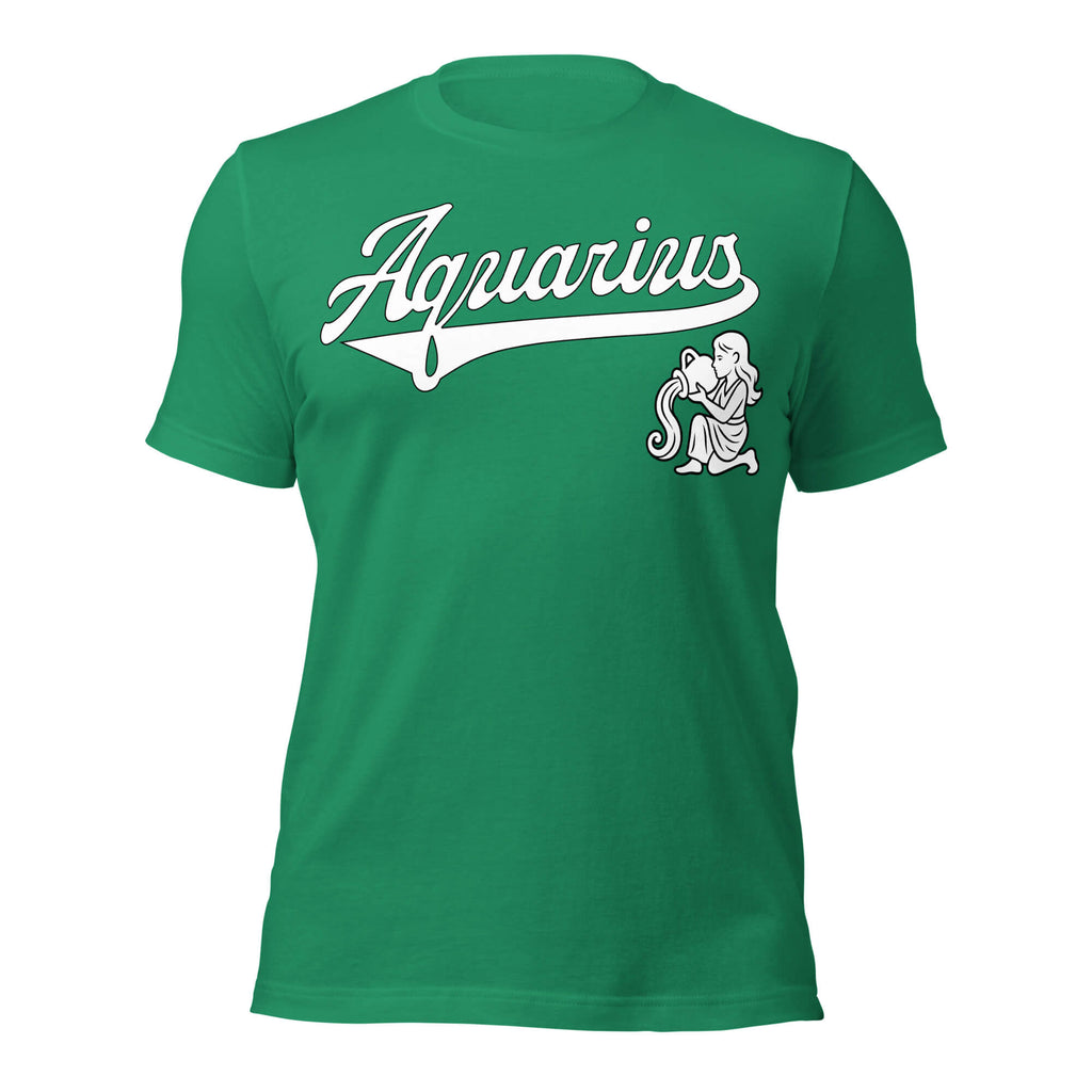 Aquarius zodiac sports graphic t-shirt, green with white ink, unisex athletic astrology apparel, front flat lay