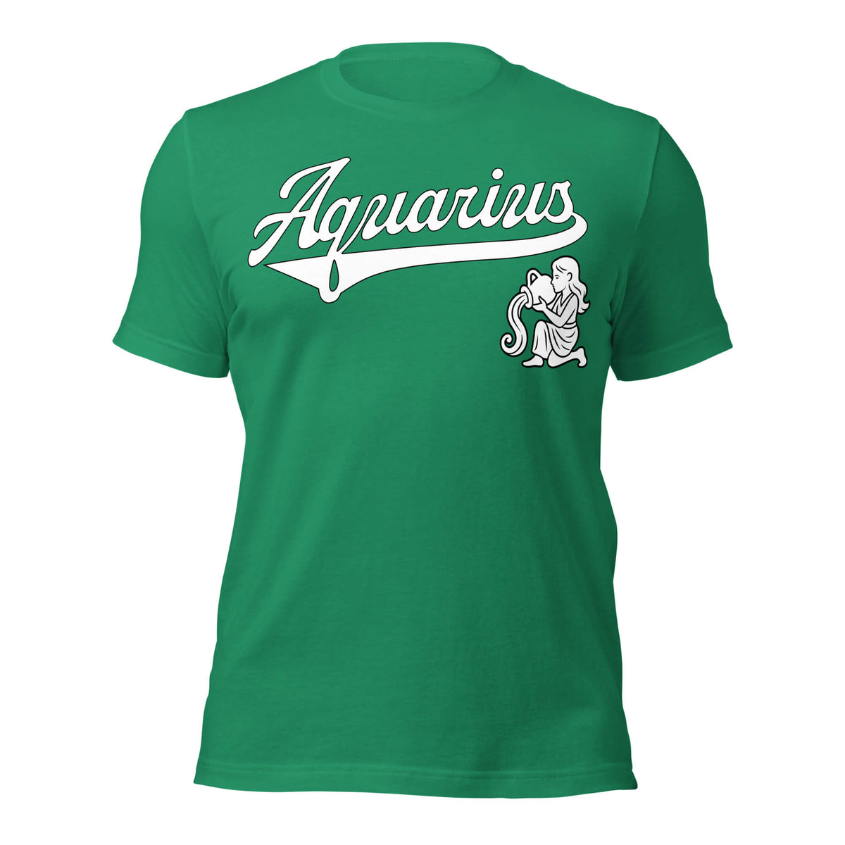 Aquarius zodiac sports graphic t-shirt, green with white ink, unisex athletic astrology apparel, front flat lay
