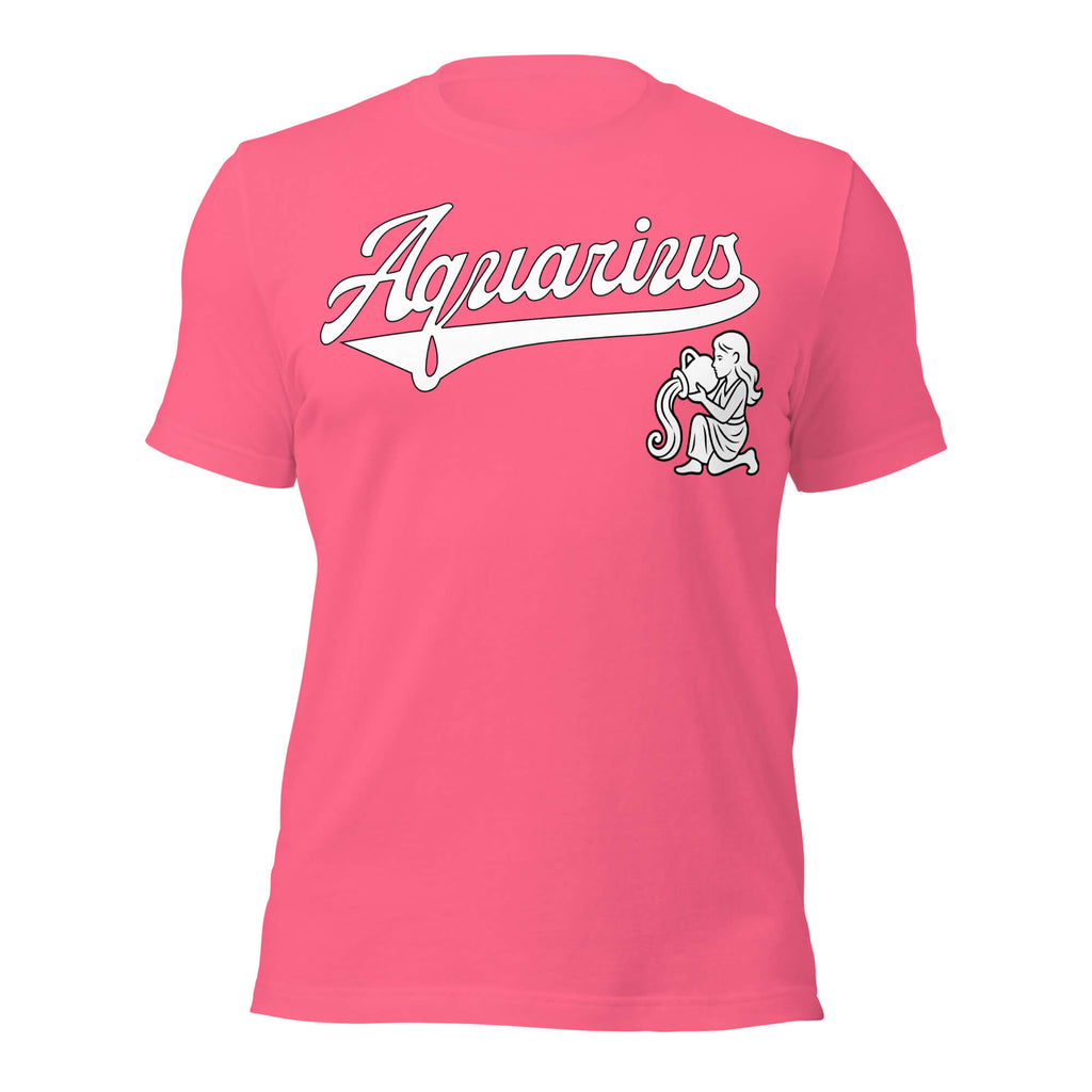 Aquarius zodiac sports graphic t-shirt, pink with white ink, unisex athletic astrology apparel, front flat lay