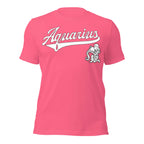 Aquarius zodiac sports graphic t-shirt, pink with white ink, unisex athletic astrology apparel, front flat lay