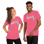 A man and a woman modeling matching bright pink short-sleeve t-shirts with a white 'Aquarius' script and a small zodiac-themed graphic on the left chest, against a plain white background.