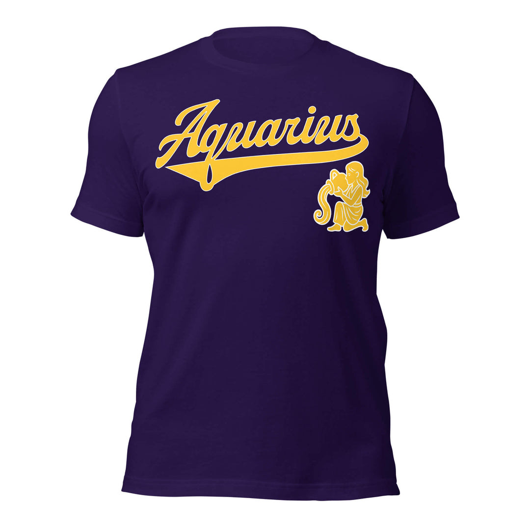 Aquarius zodiac sports graphic t-shirt, purple with gold ink, unisex athletic astrology apparel, front flat lay