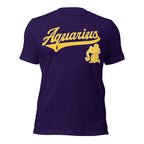 Aquarius zodiac sports graphic t-shirt, purple with gold ink, unisex athletic astrology apparel, front flat lay