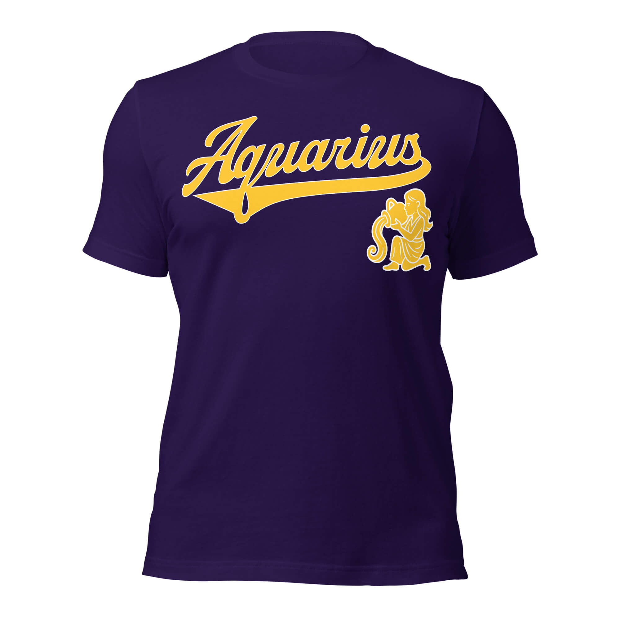 Aquarius zodiac sports graphic t-shirt, purple with gold ink, unisex athletic astrology apparel, front flat lay