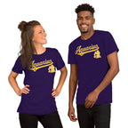 A man and a woman modeling matching purple short-sleeve t-shirts with a gold 'Aquarius' script and mascot on the chest, set against a plain white background.