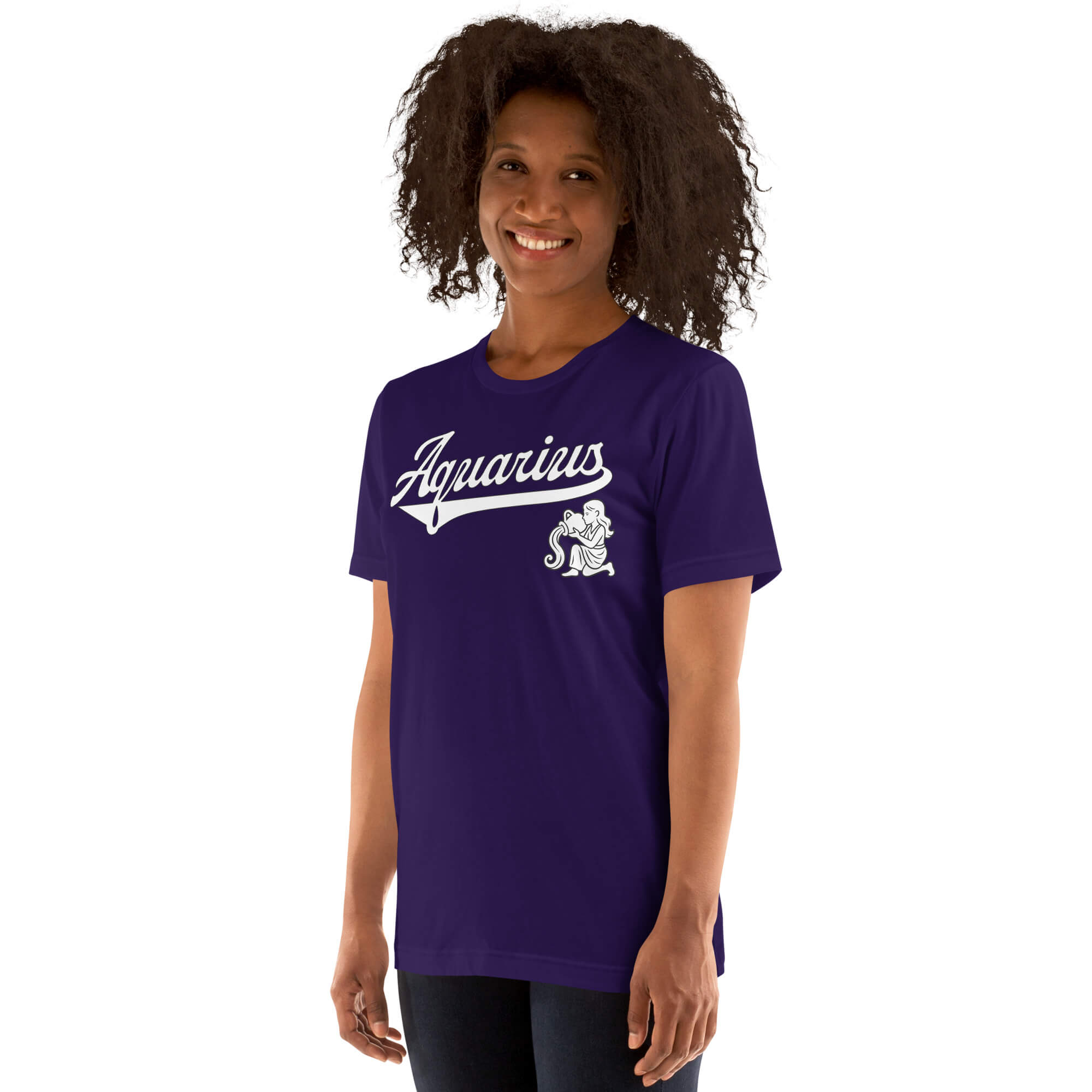 A woman with curly dark hair wearing a purple short-sleeve t-shirt with a white 'Aquarius' script and zodiac graphic on the chest, shown against a plain white background.