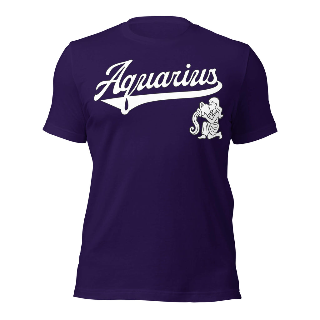 Aquarius zodiac sports graphic t-shirt, purple with white ink, unisex athletic astrology apparel, front flat lay