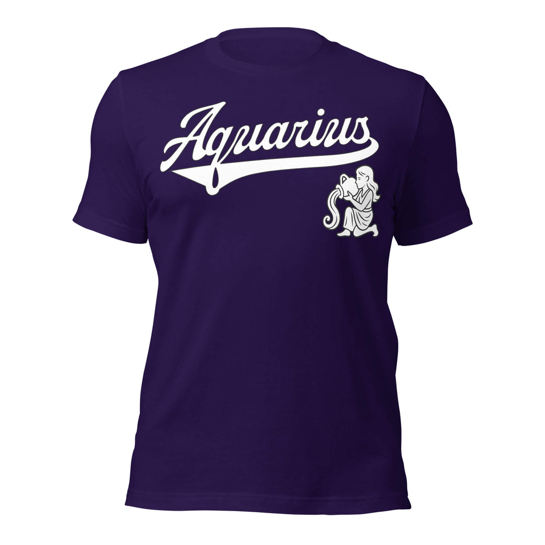 Aquarius zodiac sports graphic t-shirt, purple with white ink, unisex athletic astrology apparel, front flat lay