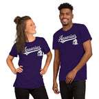 Two people wearing purple 'Aquarius' t-shirts on a white background