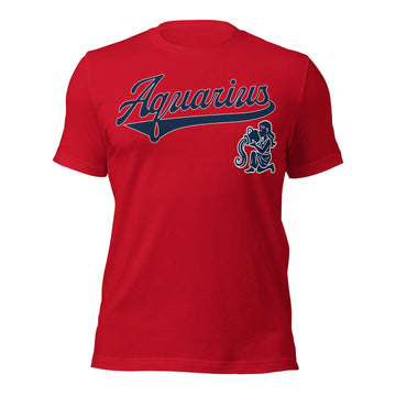 Aquarius zodiac sports graphic t-shirt, red with blue ink, unisex athletic astrology apparel, front flat lay
