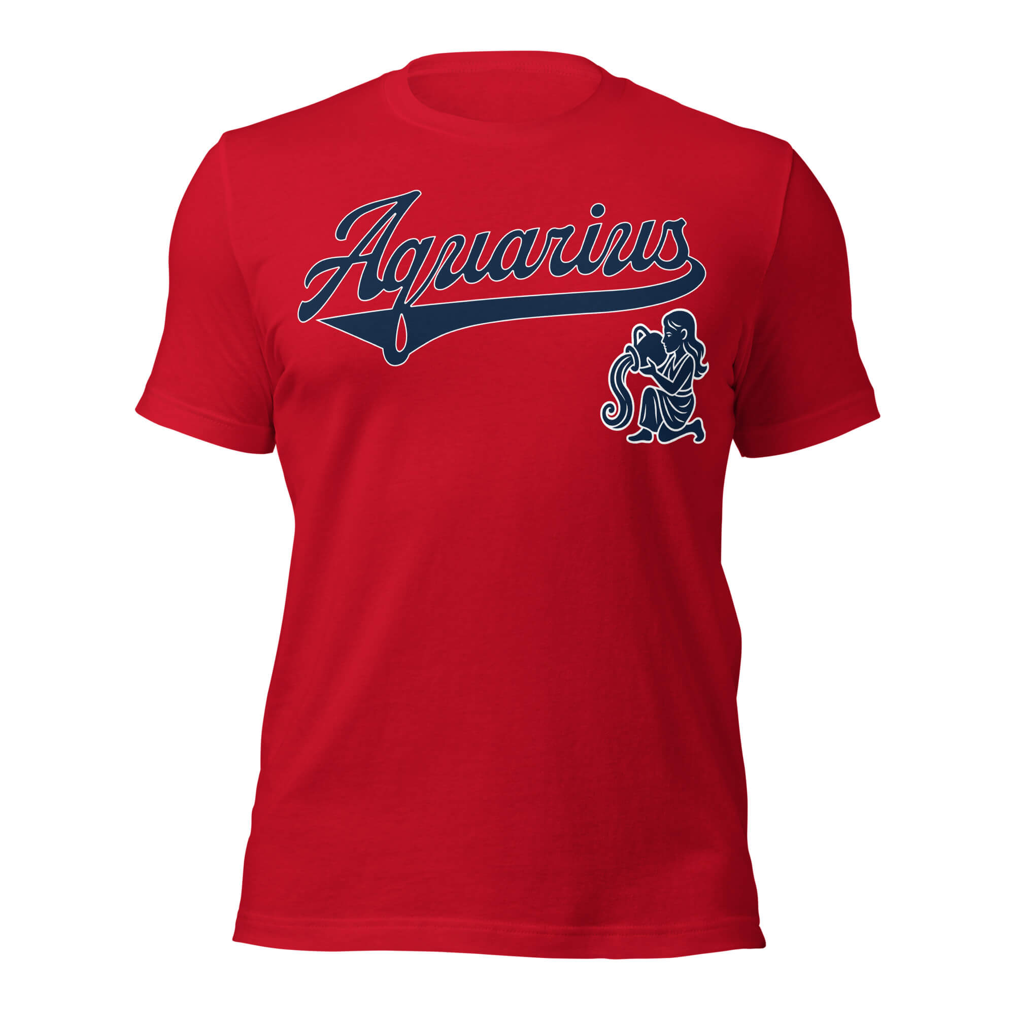 Aquarius zodiac sports graphic t-shirt, red with blue ink, unisex athletic astrology apparel, front flat lay