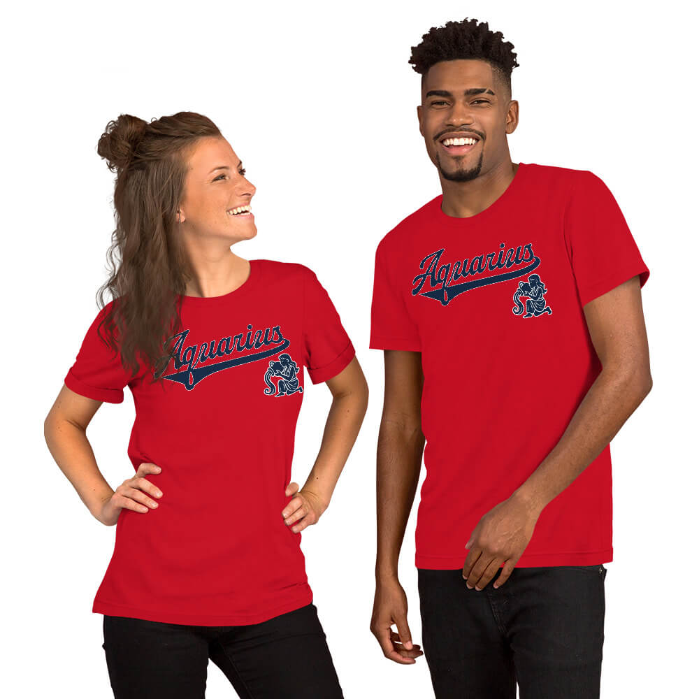 Two people wearing red t-shirts with Aquarius text on a white background