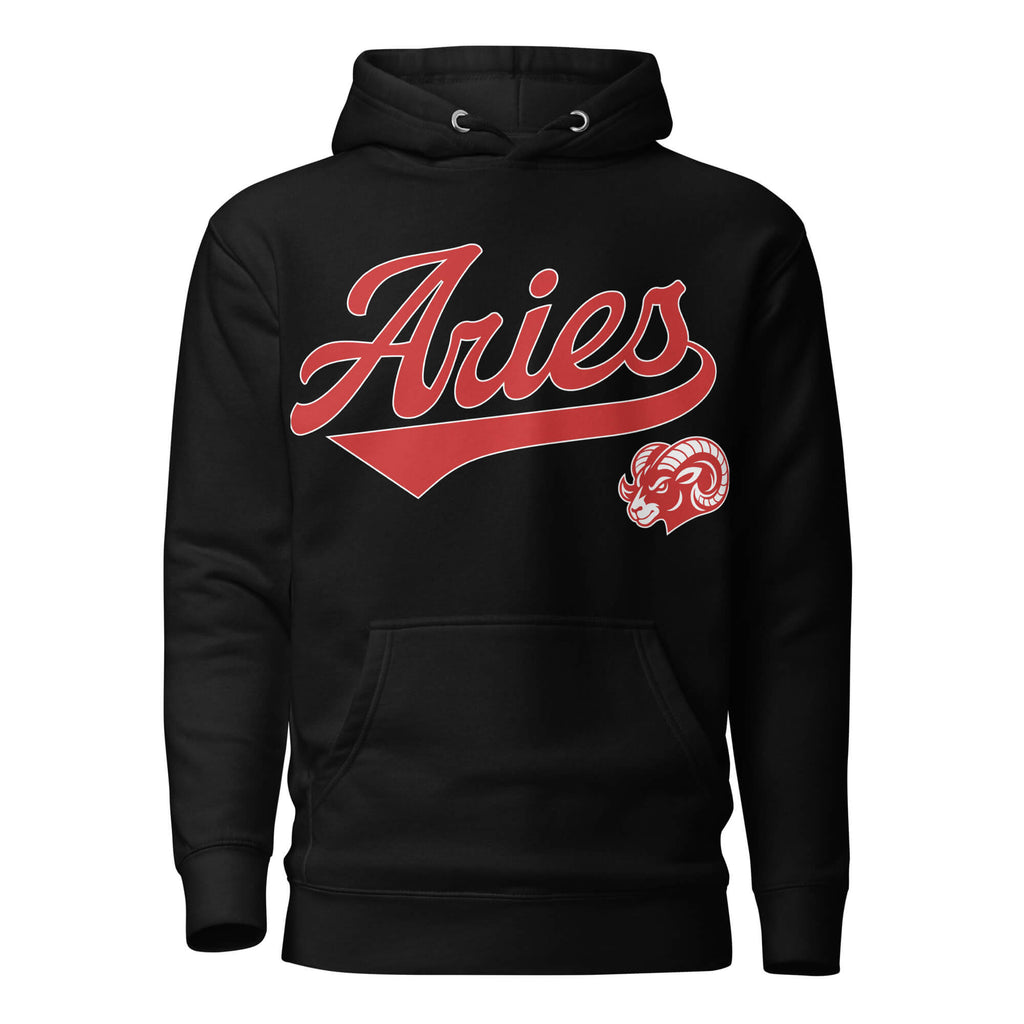 Black hoodie with 'Aries' in red text and aries graphic on a white background. Black Shirt / Red Ink variant.