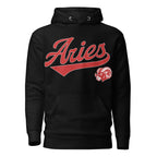 Black hoodie with 'Aries' in red text and aries graphic on a white background. Black Shirt / Red Ink variant.