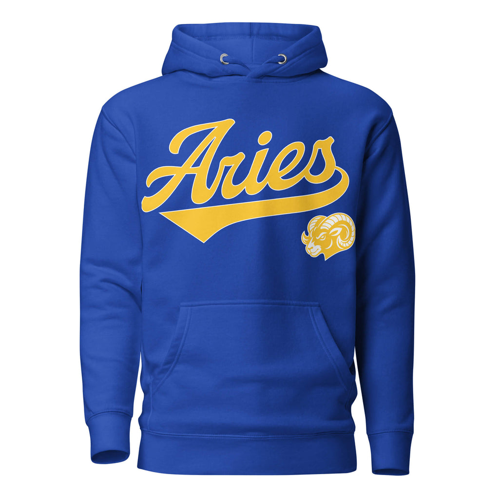 Blue hoodie with 'Aries' in gold text and aries graphic on a white background. Blue Shirt / Gold Ink variant.