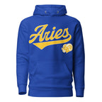 Blue hoodie with 'Aries' in gold text and aries graphic on a white background. Blue Shirt / Gold Ink variant.