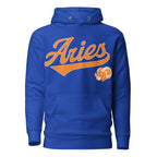 Blue hoodie with 'Aries' in orange text and aries graphic on a white background. Blue Shirt / Orange Ink variant.