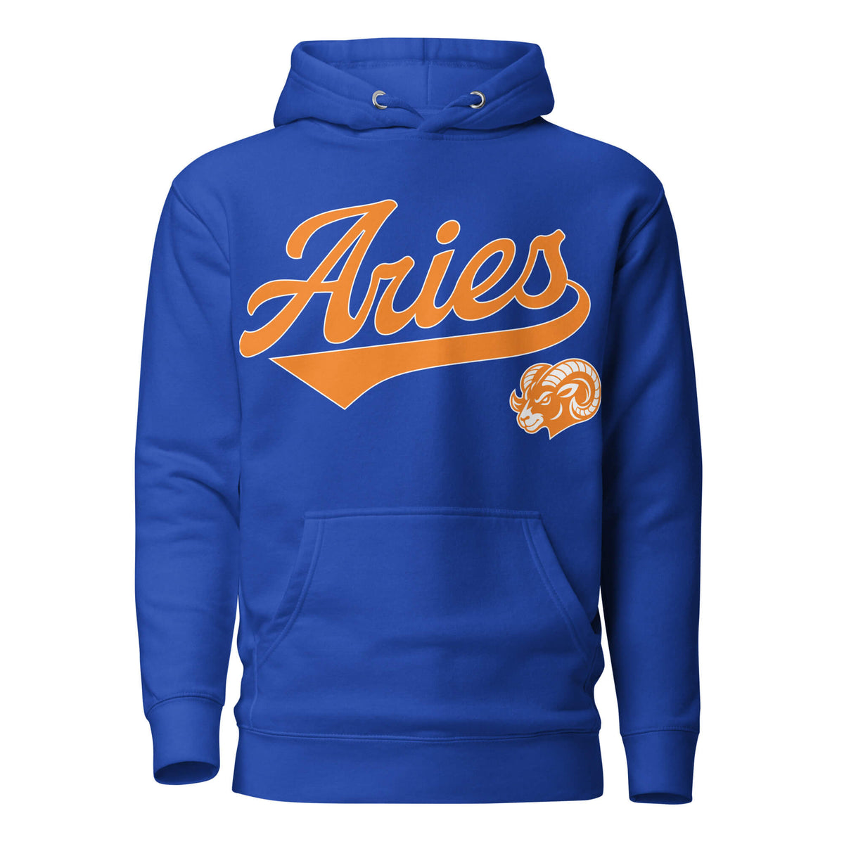 Blue hoodie with 'Aries' in orange text and aries graphic on a white background. Blue Shirt / Orange Ink variant.
