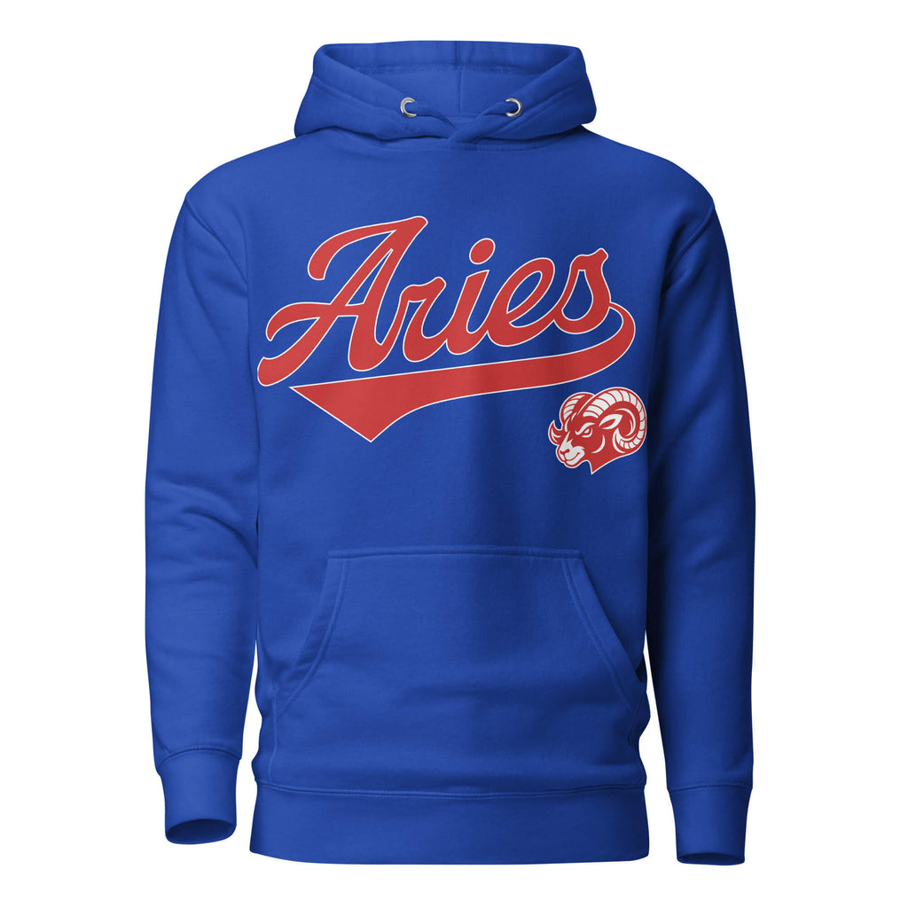 Blue hoodie with 'Aries' in red text and aries graphic on a white background. Blue Shirt / Red Ink variant.