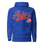 Blue hoodie with 'Aries' in red text and aries graphic on a white background. Blue Shirt / Red Ink variant.
