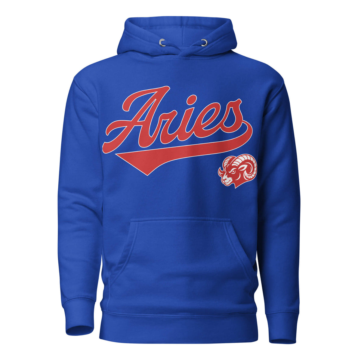 Blue hoodie with 'Aries' in red text and aries graphic on a white background. Blue Shirt / Red Ink variant.