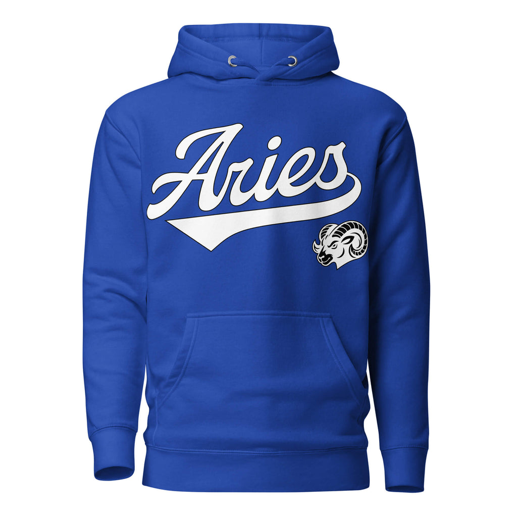 Blue hoodie with 'Aries' in white text and aries graphic on a white background. Blue Shirt / White Ink variant.