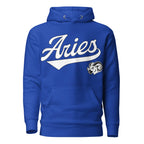 Blue hoodie with 'Aries' in white text and aries graphic on a white background. Blue Shirt / White Ink variant.