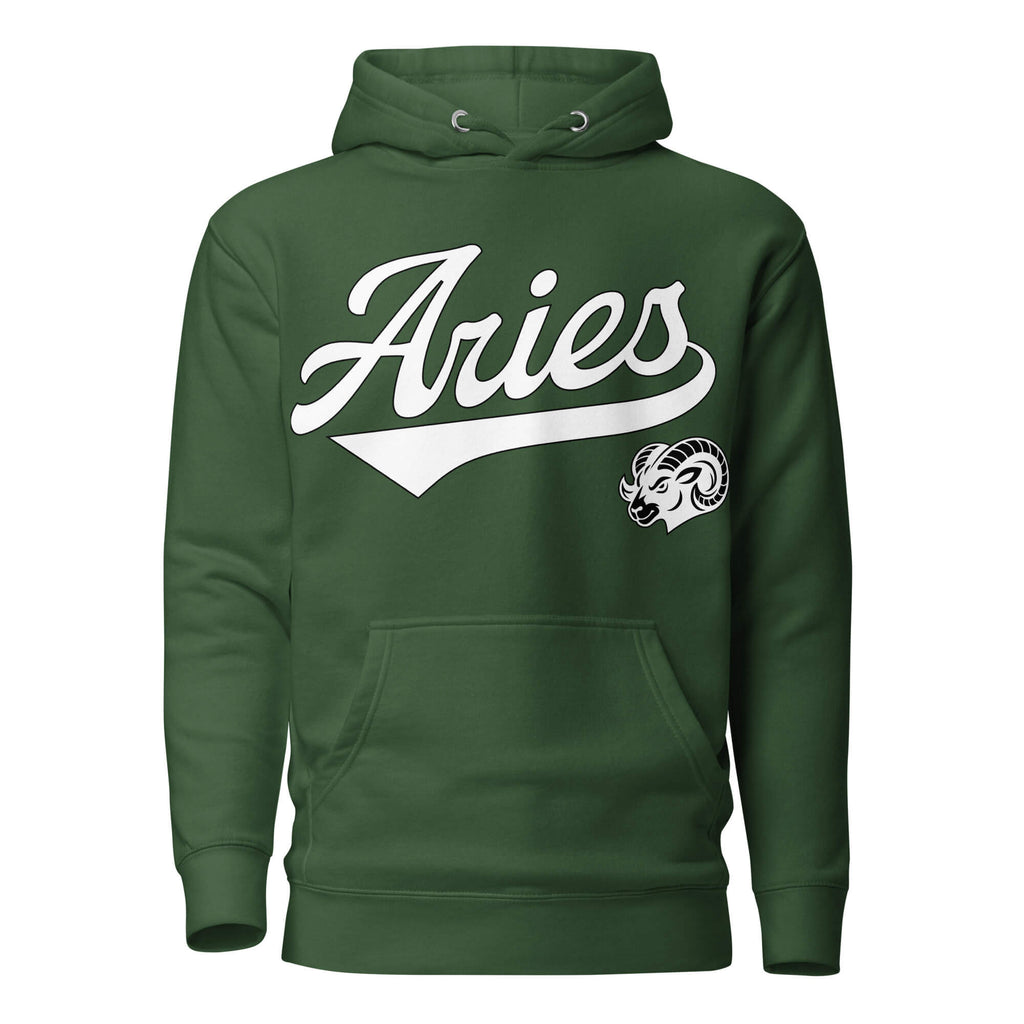 Green hoodie with 'Aries' in white text and aries graphic on a white background. Green Shirt / White Ink variant.