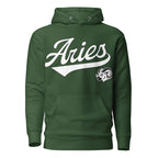 Green hoodie with 'Aries' in white text and aries graphic on a white background. Green Shirt / White Ink variant.