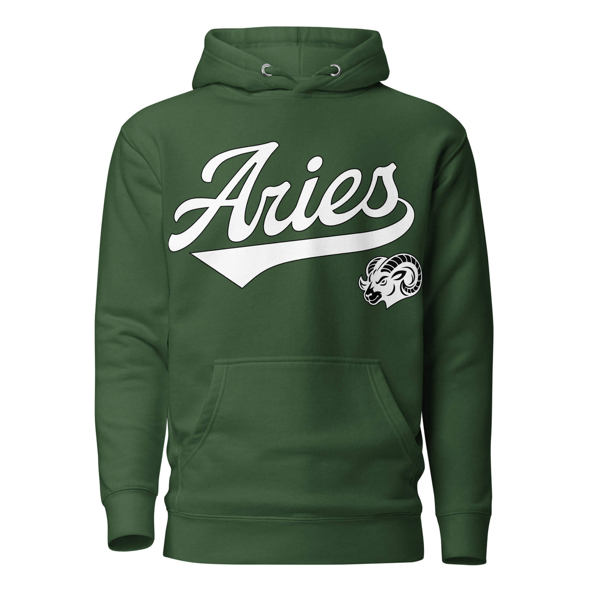 Green hoodie with 'Aries' in white text and aries graphic on a white background. Green Shirt / White Ink variant.