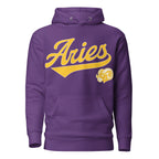 Purple hoodie with 'Aries' in gold text and aries graphic on a white background. Purple Shirt / Gold Ink variant.