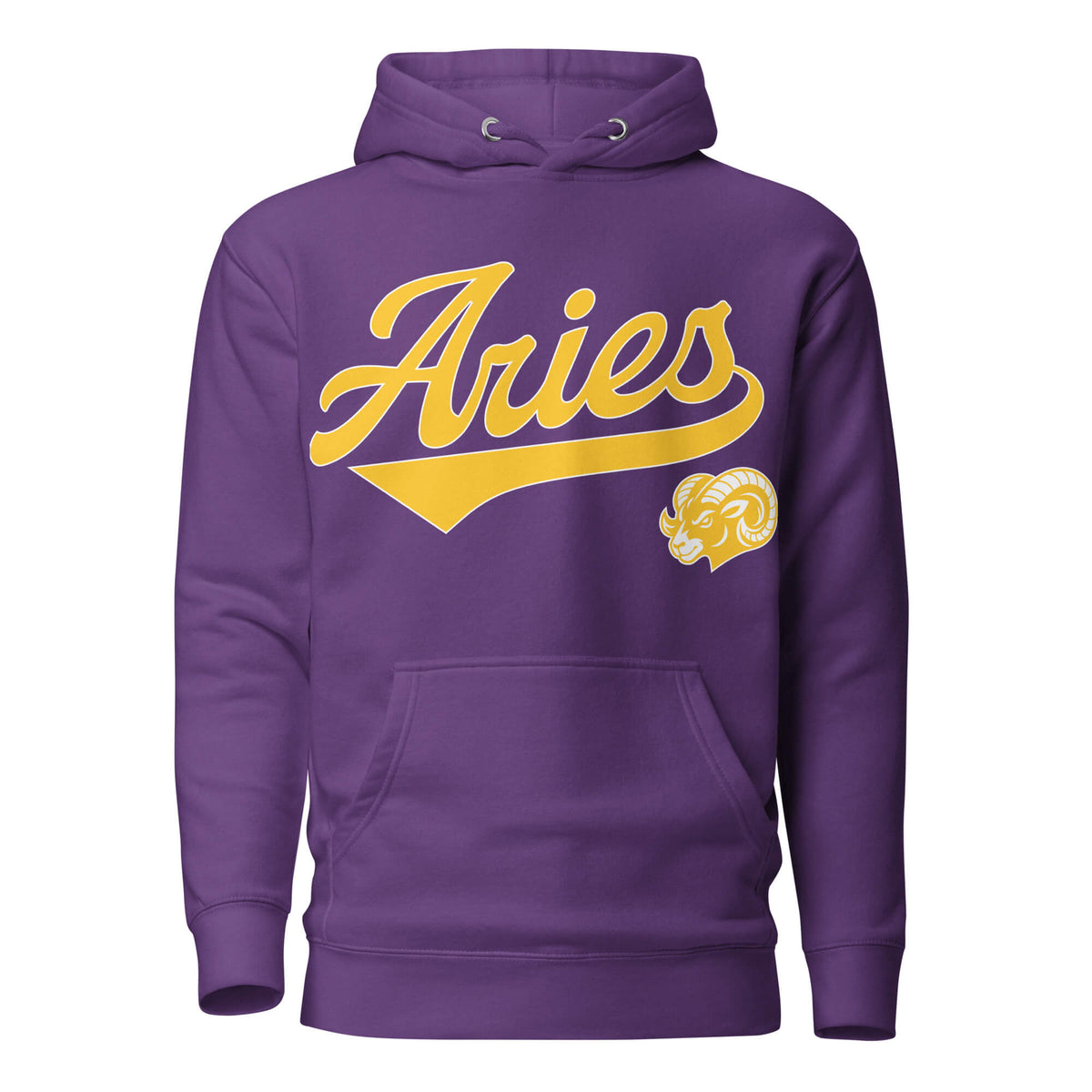 Purple hoodie with 'Aries' in gold text and aries graphic on a white background. Purple Shirt / Gold Ink variant.