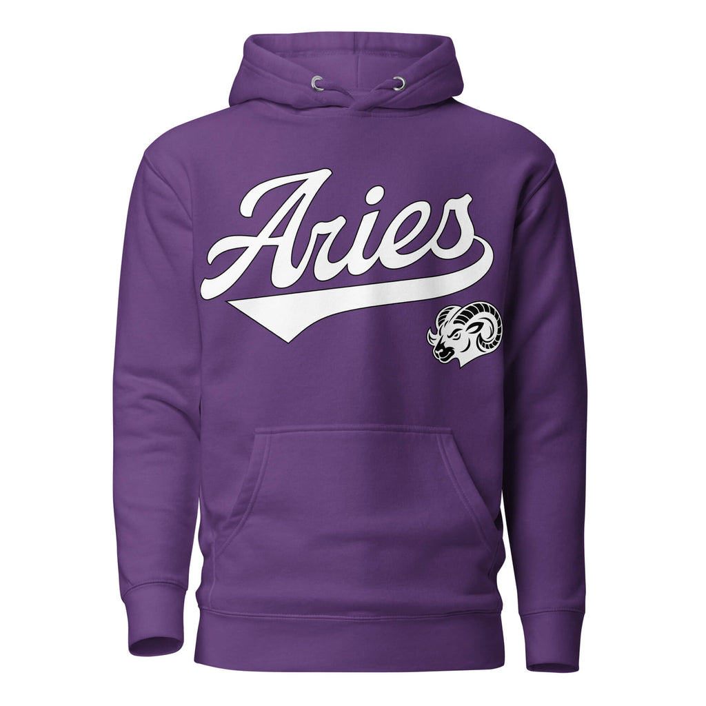 Purple hoodie with 'Aries' in white text and aries graphic on a white background. Purple Shirt / White Ink variant.