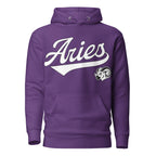 Purple hoodie with 'Aries' in white text and aries graphic on a white background. Purple Shirt / White Ink variant.