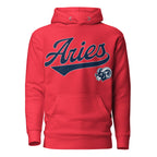 Red hoodie with 'Aries' in blue text and aries graphic on a white background. Red Shirt / Blue Ink variant.