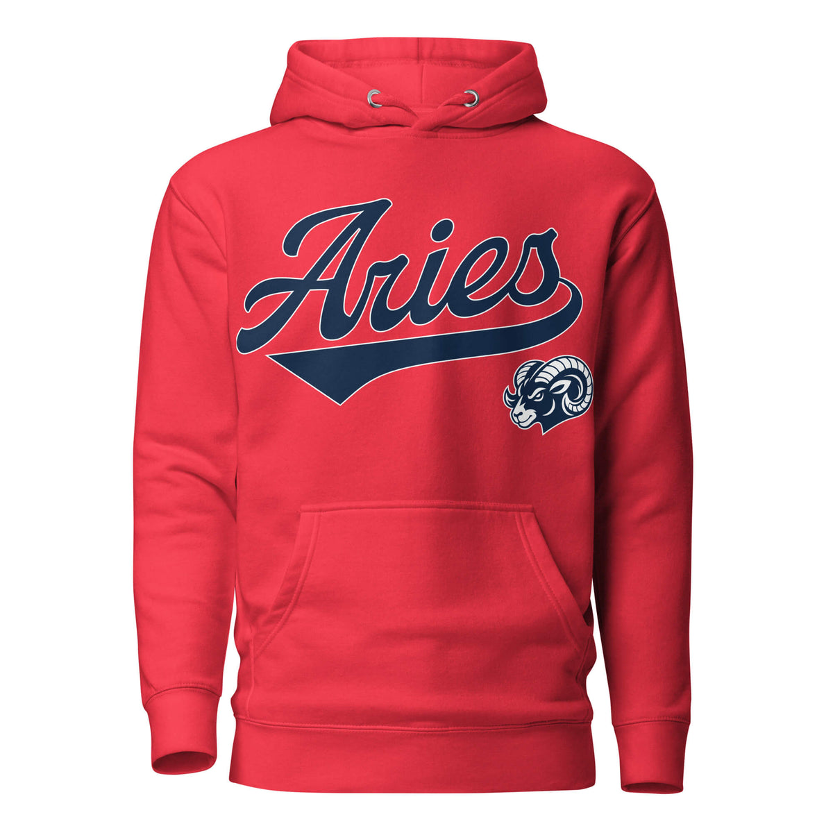 Red hoodie with 'Aries' in blue text and aries graphic on a white background. Red Shirt / Blue Ink variant.