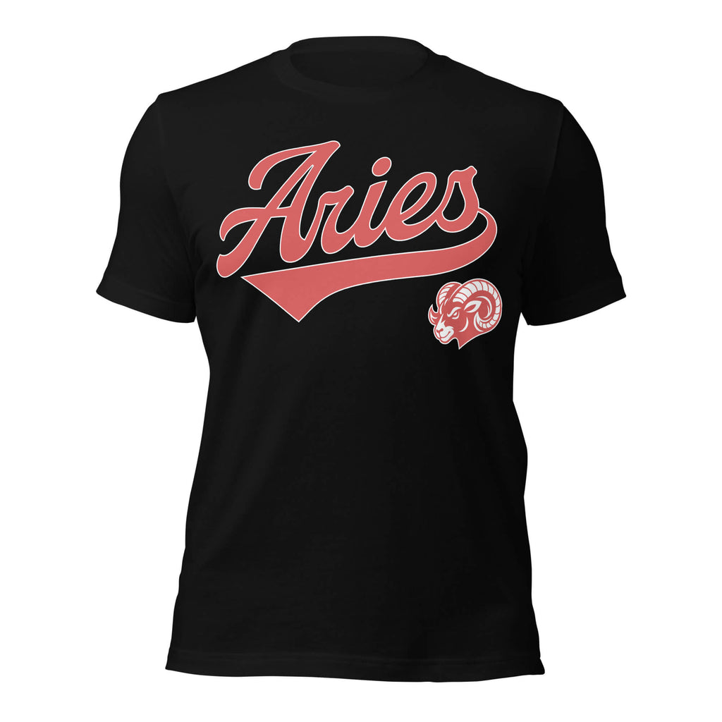 Aries zodiac sports graphic t-shirt, black with red ink, unisex athletic astrology apparel, front flat lay