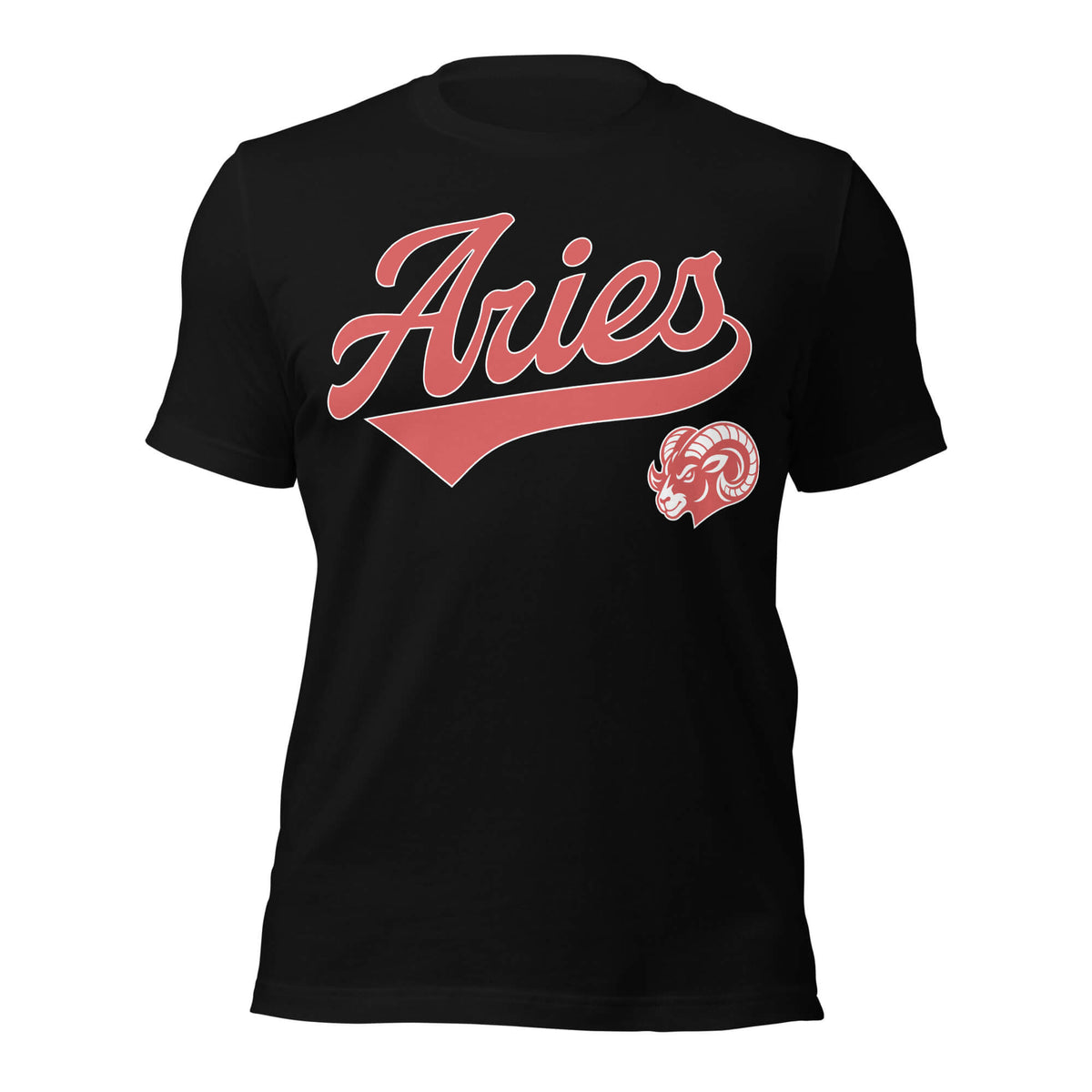 Aries zodiac sports graphic t-shirt, black with red ink, unisex athletic astrology apparel, front flat lay