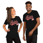 Two people wearing black t-shirts with an Aries graphic design on a white background