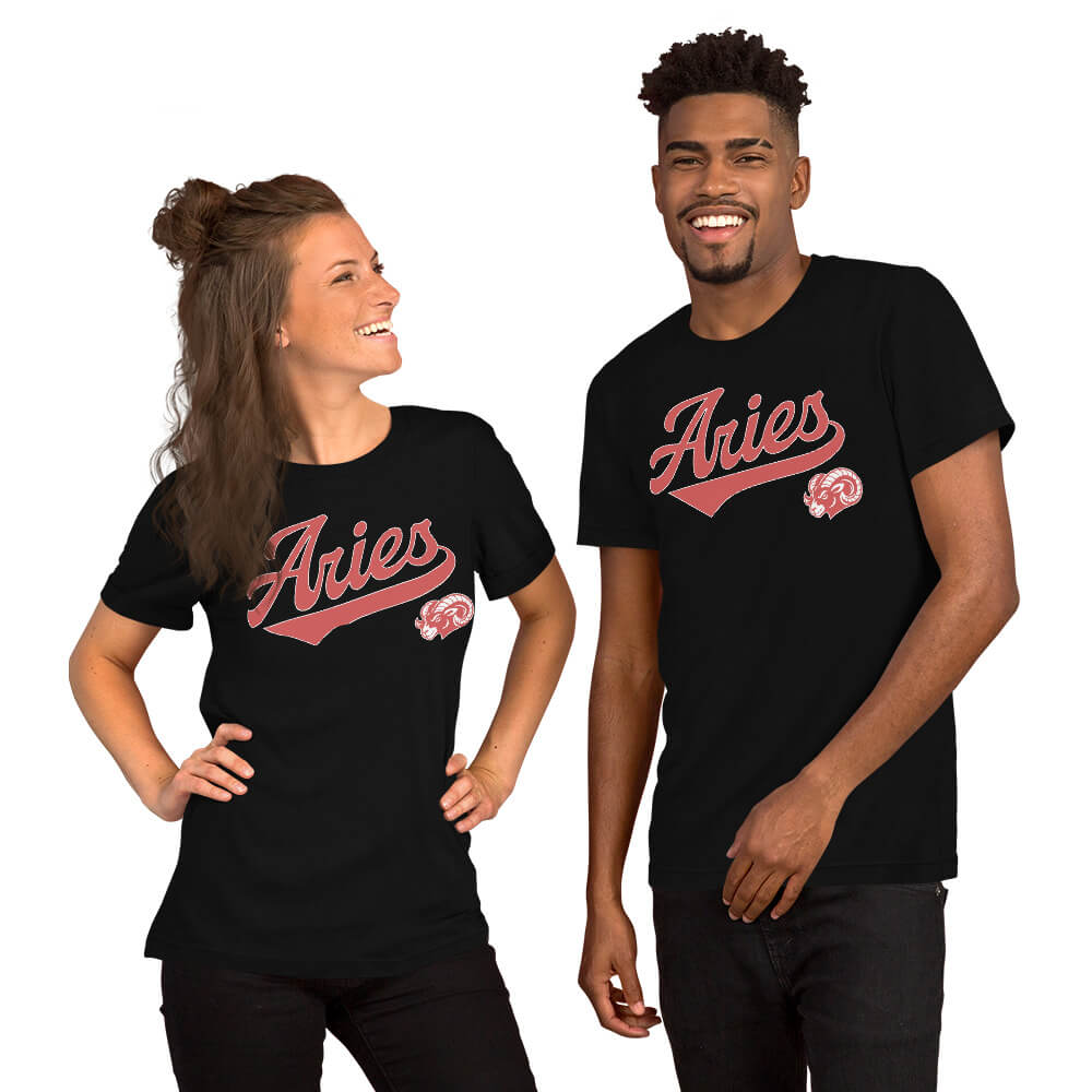 Two people wearing black t-shirts with an Aries graphic design on a white background