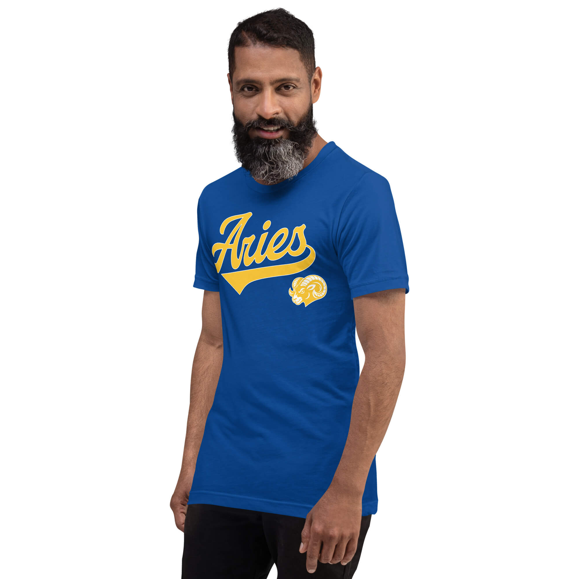 A man wearing a royal blue t-shirt with a gold 'Aries' graphic and a small ram illustration on the chest, set against a plain white background.