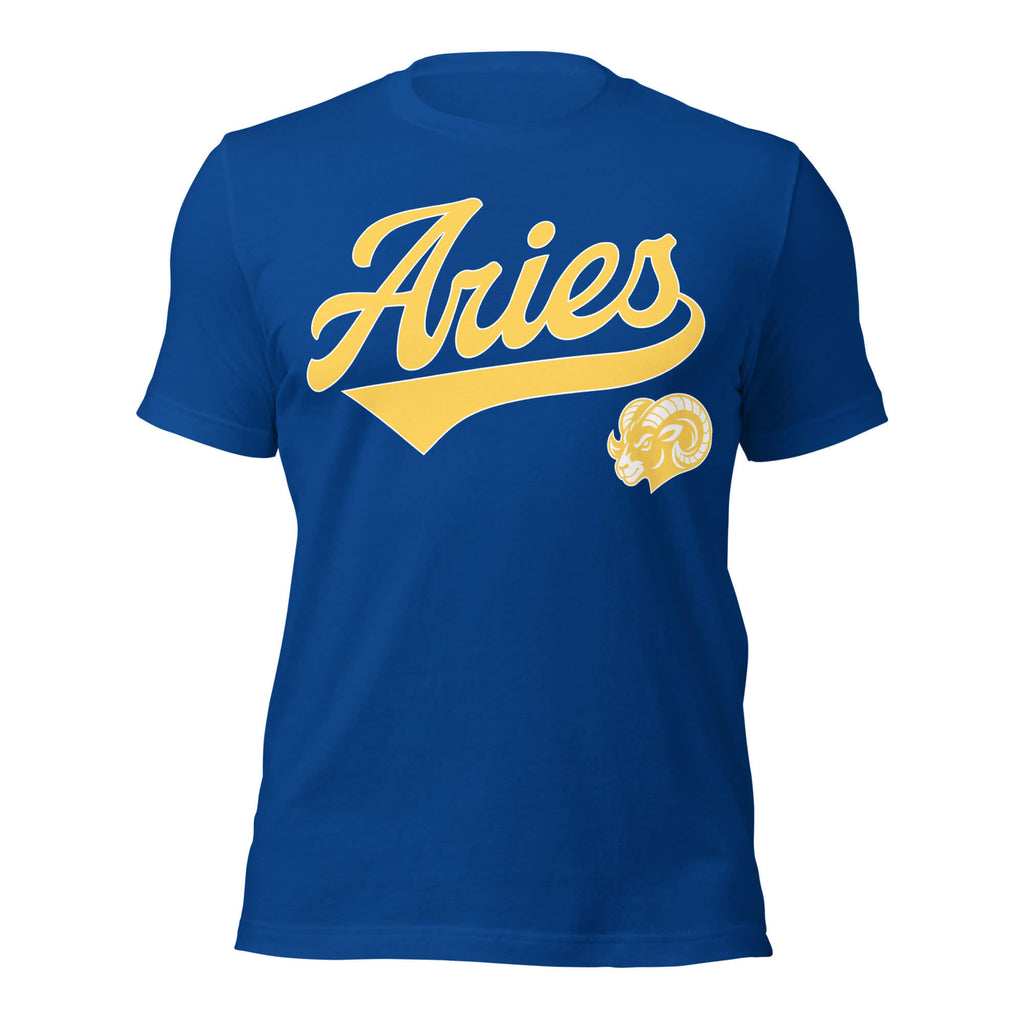 Aries zodiac sports graphic t-shirt, blue with gold ink, unisex athletic astrology apparel, front flat lay