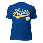Aries zodiac sports graphic t-shirt, blue with gold ink, unisex athletic astrology apparel, front flat lay