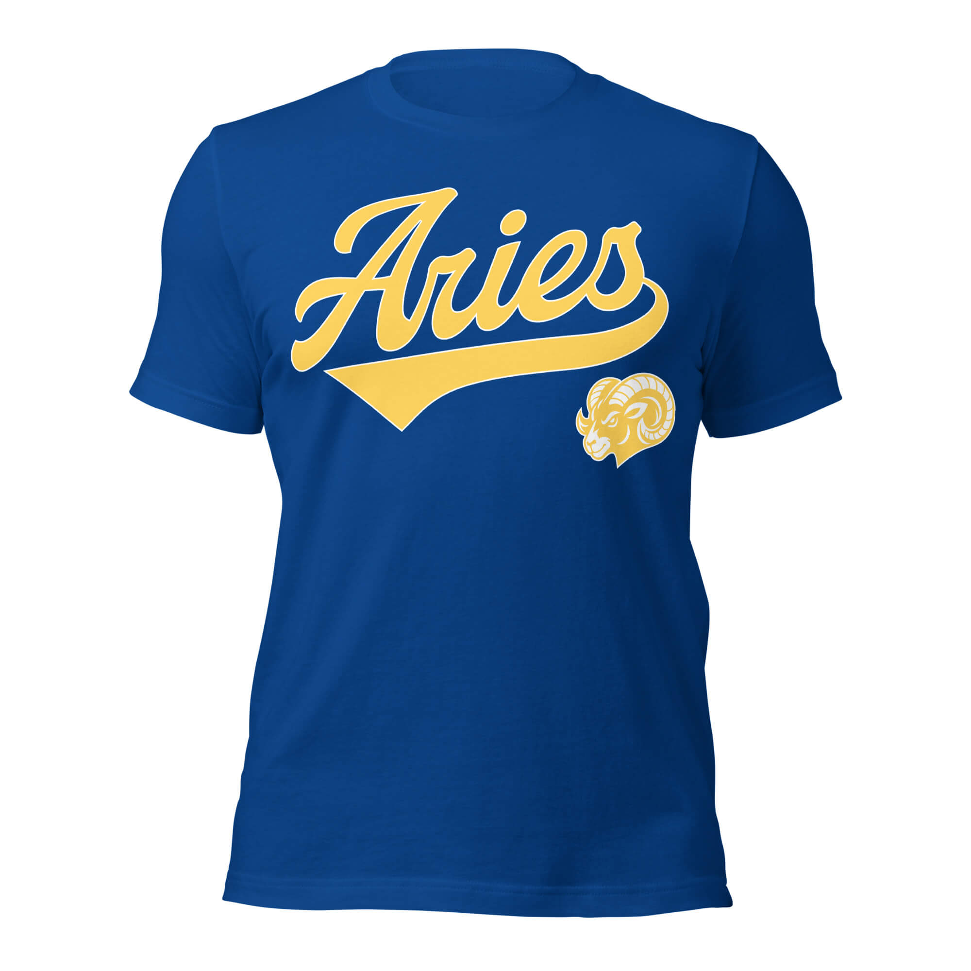 Aries zodiac sports graphic t-shirt, blue with gold ink, unisex athletic astrology apparel, front flat lay