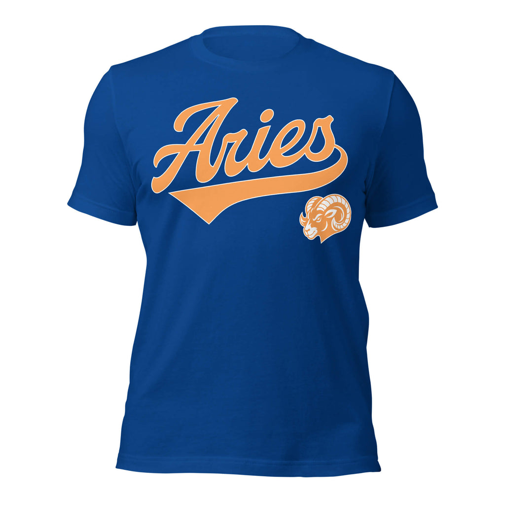 Aries zodiac sports graphic t-shirt, blue with orange ink, unisex athletic astrology apparel, front flat lay