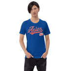 Person wearing a blue t-shirt with 'Aries' logo on a white background