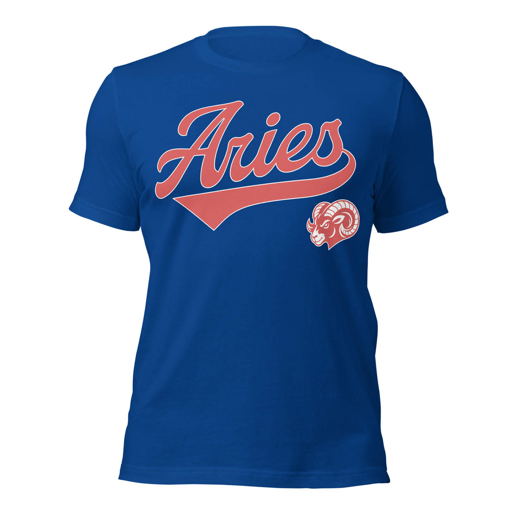 Aries zodiac sports graphic t-shirt, blue with red ink, unisex athletic astrology apparel, front flat lay